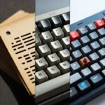 Evolution timeline showing vintage punch cards, early computer keyboards, and modern mechanical keyboards.