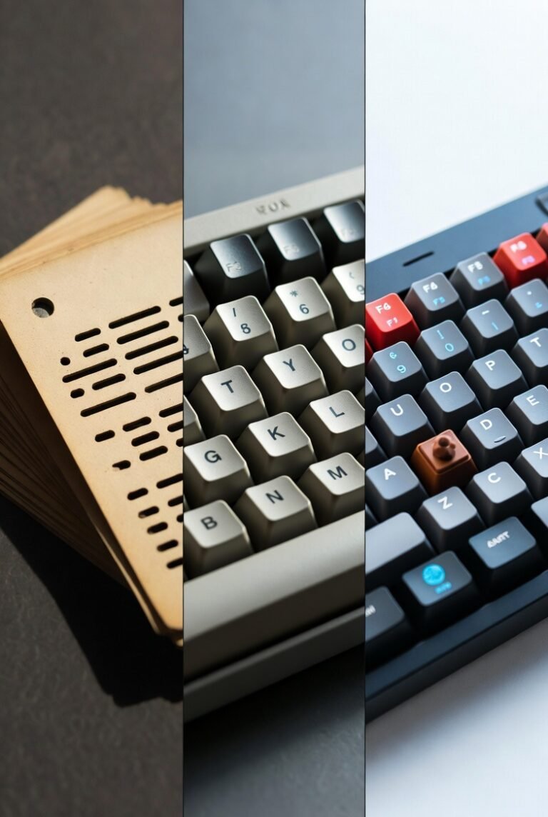 Evolution timeline showing vintage punch cards, early computer keyboards, and modern mechanical keyboards.